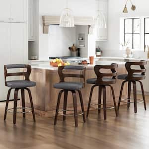 Arabela 26 in. Gray Solid Wood Swivel Bar Stool Faux Leather Kitchen Counter Stool with Walnut Frame Set of 4