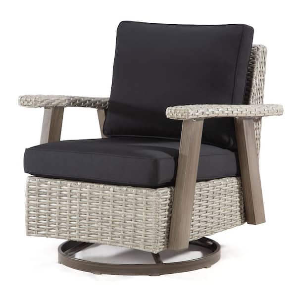 1PC Upgraded Wicker Outdoor Lounge Chair with Black Cushions, 360-degree Swivel, Gentle Rocker, Metal Frame Patio Chair