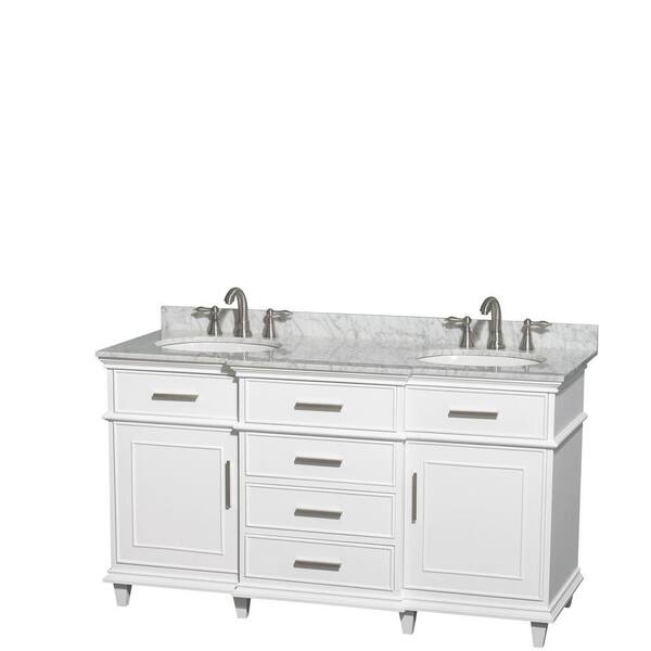 Wyndham Collection Berkeley 60 in. Double Vanity in White with Marble Vanity Top in Carrara White and Oval Basin