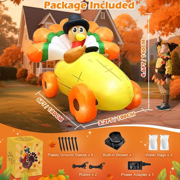 6 ft. Inflatable Turkey with Pilgrim Hat Driving Corn Car and Built-in LEDs for Fall Holiday Outdoor Use (1-Pack)