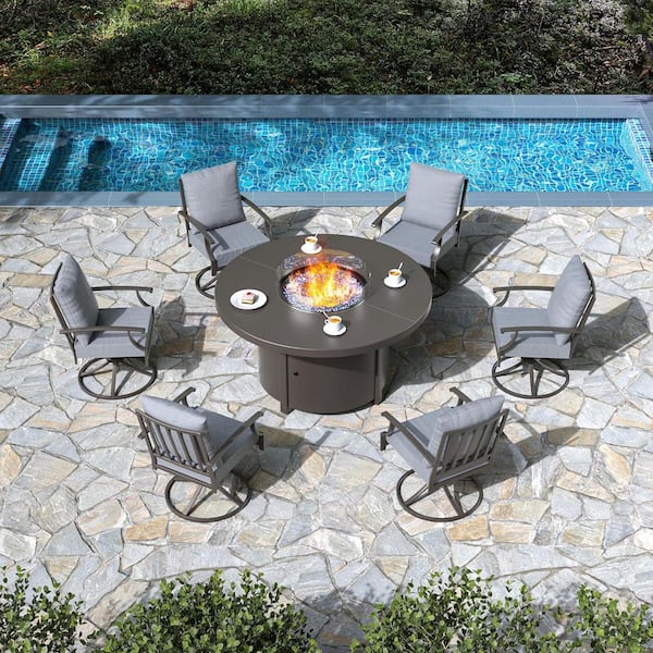 7-Piece Metal Patio Conversation Set with Round Fire Pit Table, 6 Swivel Chairs and Cushion Gray