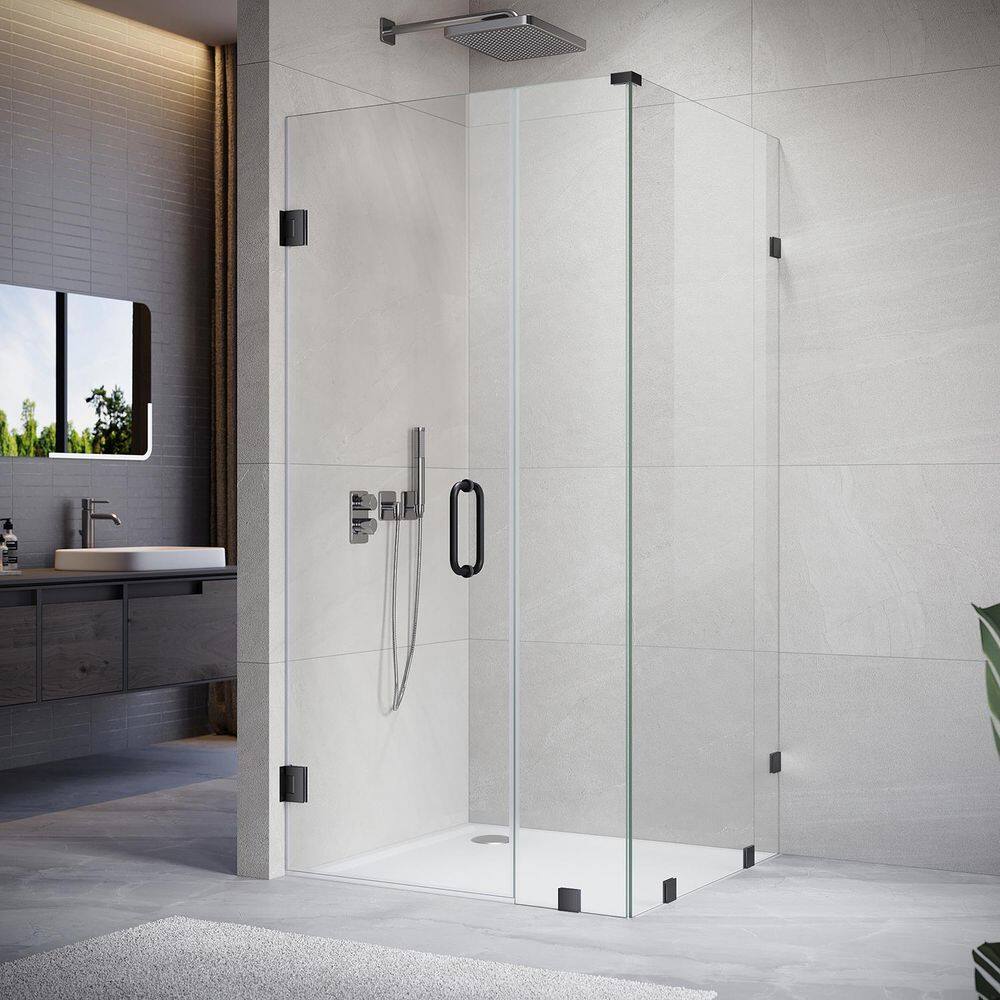 UKH07 42 in. W x 80 in. H x 34 in. D Hinged Frameless Corner Shower Enclosure in Matte Black 3/8 in. Clear Glass price history on PriceWatchPro