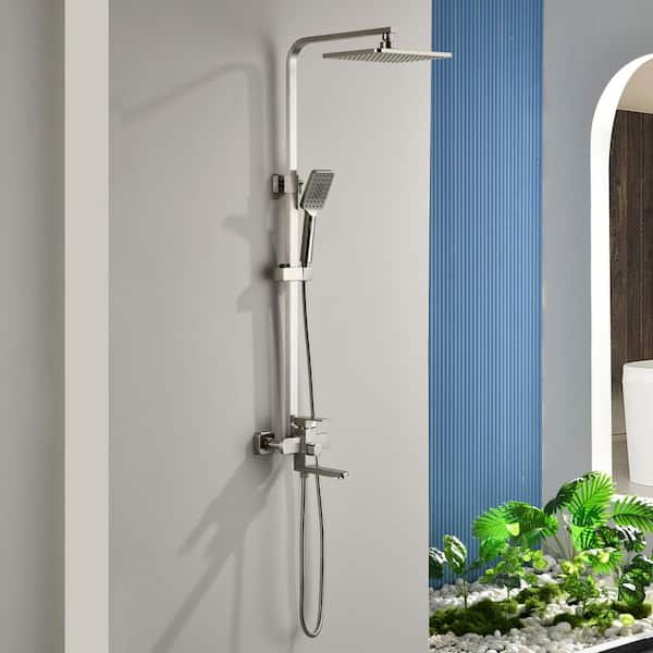 3-Spray Square Wall Bar Shower Kit w/ Hand Shower, Tub Faucet and Rotating Shower Head in Brushed Nickel(Valve Included)