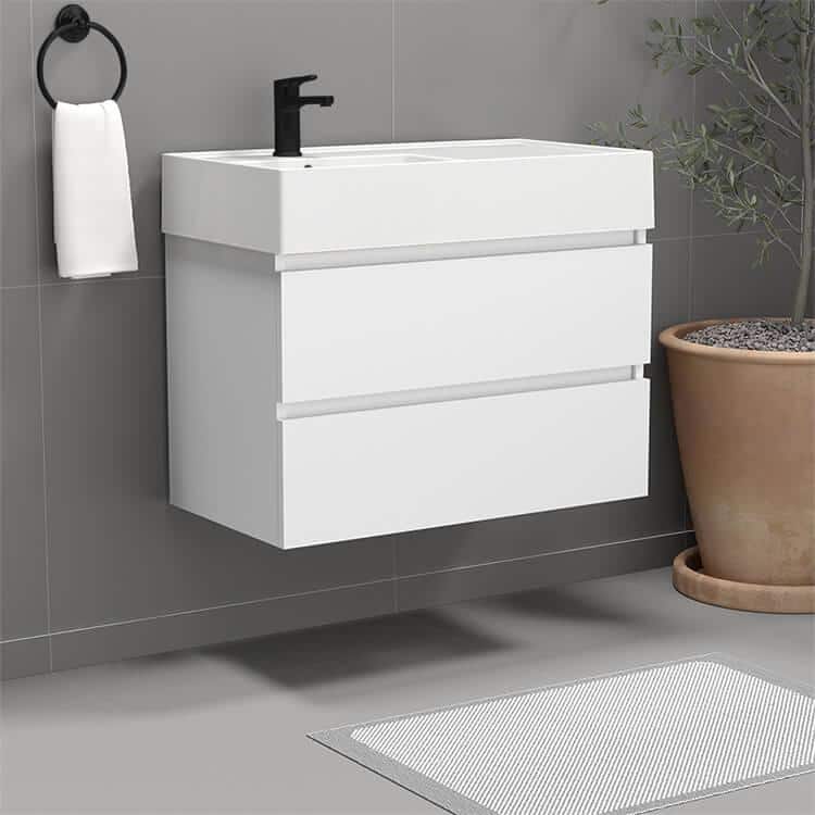 Glossy White Wall-Mounted Single Basin Vanity with Ceramic Sink