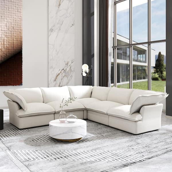 J&E Home 122.8 in. Flared Arm L Shaped linen 7-Seat Deep Seat 5-piece Sectional Sofa White with Removable Covers for Living Room