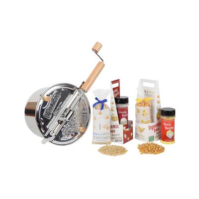 7-Piece Stainless Steel Silver Stovetop Popcorn Popper Set with Farm Fresh Popcorn and Toppings