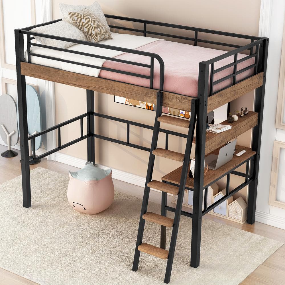 Harper & Bright Designs Black and Brown Twin Size Metal Loft Bed with ...