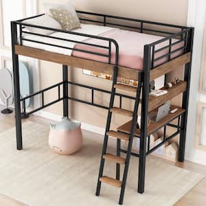 Black and Brown Twin Size Metal Loft Bed with Built-in Wood Desk, Storage Shelf and Sloping ladder