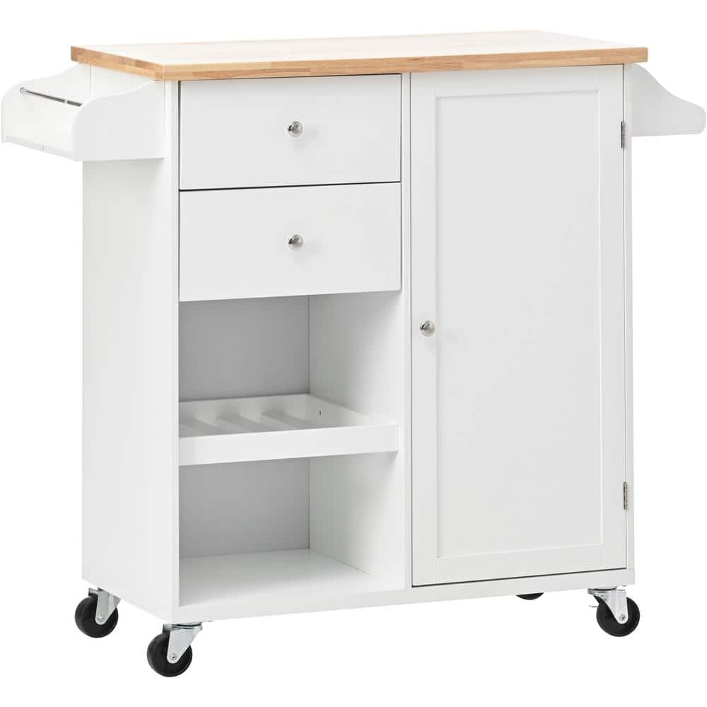 White Rubber Wood 41.3 In. Kitchen Island With Spice Rack, Towel Rack 