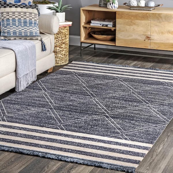 Roberge Coastal Diamond Striped Blue 7 ft. x 9 ft. Indoor/Outdoor Patio Area Rug