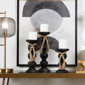 Black Wood Handmade Bubble Inspired Matte Candle Holder with Beaded Garland Accent (Set of 3)