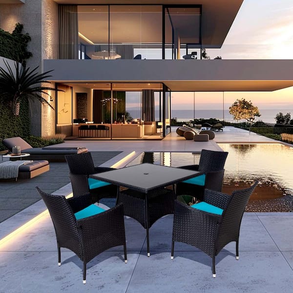 Sudzendf Black 5-Piece Wicker Patio Outdoor Dining Set with Blue Soft Cushions and Square Table with Umbrella Hole