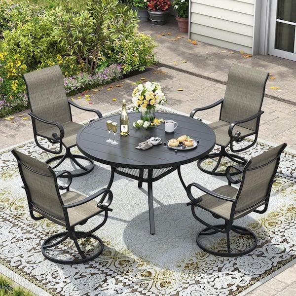 5 Piece Metal Outdoor Patio Dining Set with 40.6 in. Black Round Dining Table and 4 Brown Swivel Dining Chairs