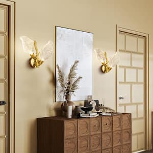 2-Light Gold Bionic Leaf Wall Sconce, LED Vanity Lighting Fixtures for Bathroom Hallway, Living Room, Stairs