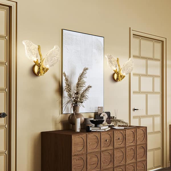 2-Light Gold Bionic Leaf Wall Sconce, LED Vanity Lighting Fixtures for Bathroom Hallway, Living Room, Stairs