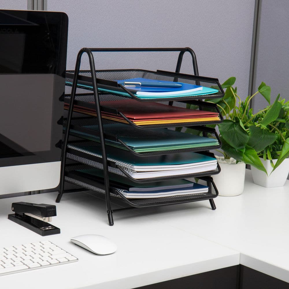 Black Metal Mesh 5-Tier Letter Tray Organizer Set of 2
