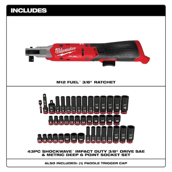 M12 12V Lithium-Ion 3/8 in. Cordless Ratchet with 3/8 in. Drive SAE and Metric 6 Point Impact Socket Set (43-Piece)