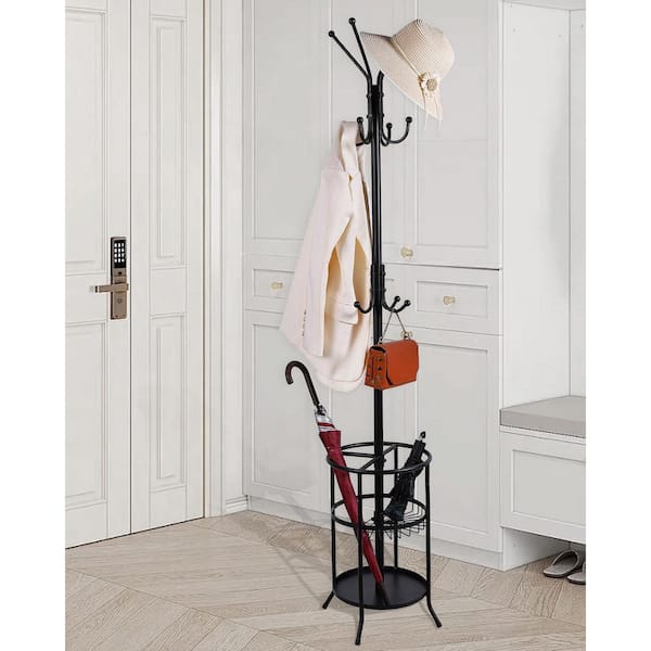 Modern Black Metal Freestanding Coat Rack with Umbrella Stand 12-Hooks Stable Tree for Entryway Bedroom