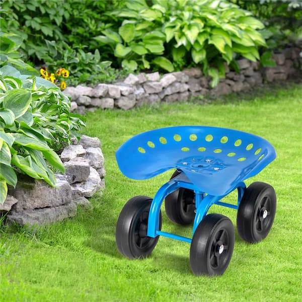 0 cu. ft. Metal Rolling Garden Cart Heavy Duty Workseat with 360° Swivel Seat and Adjustable Height Blue