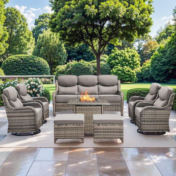 NovaSwivel 8-Piece Gray Wicker Patio Conversation Set Outdoor Fire Pit Set. Swivel Rocking Chairs with Gray Cushions