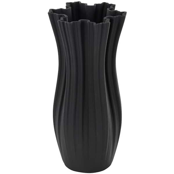 Litton Lane Black Ribbed Tulip Inspired Ceramic Abstract Decorative Vase with Floral Shaped Rim