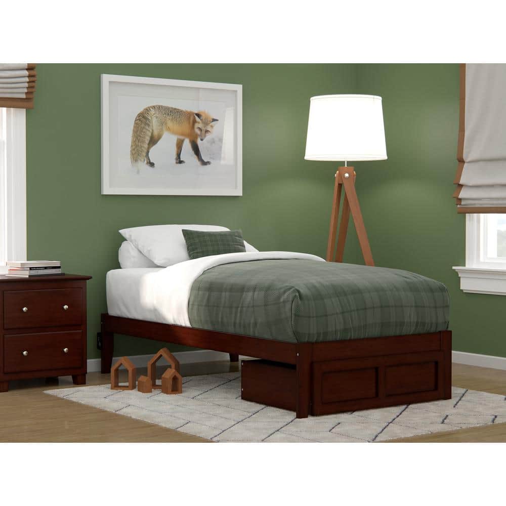 Walnut Twin Wood Frame Bed with Foot Drawer and USB Charger