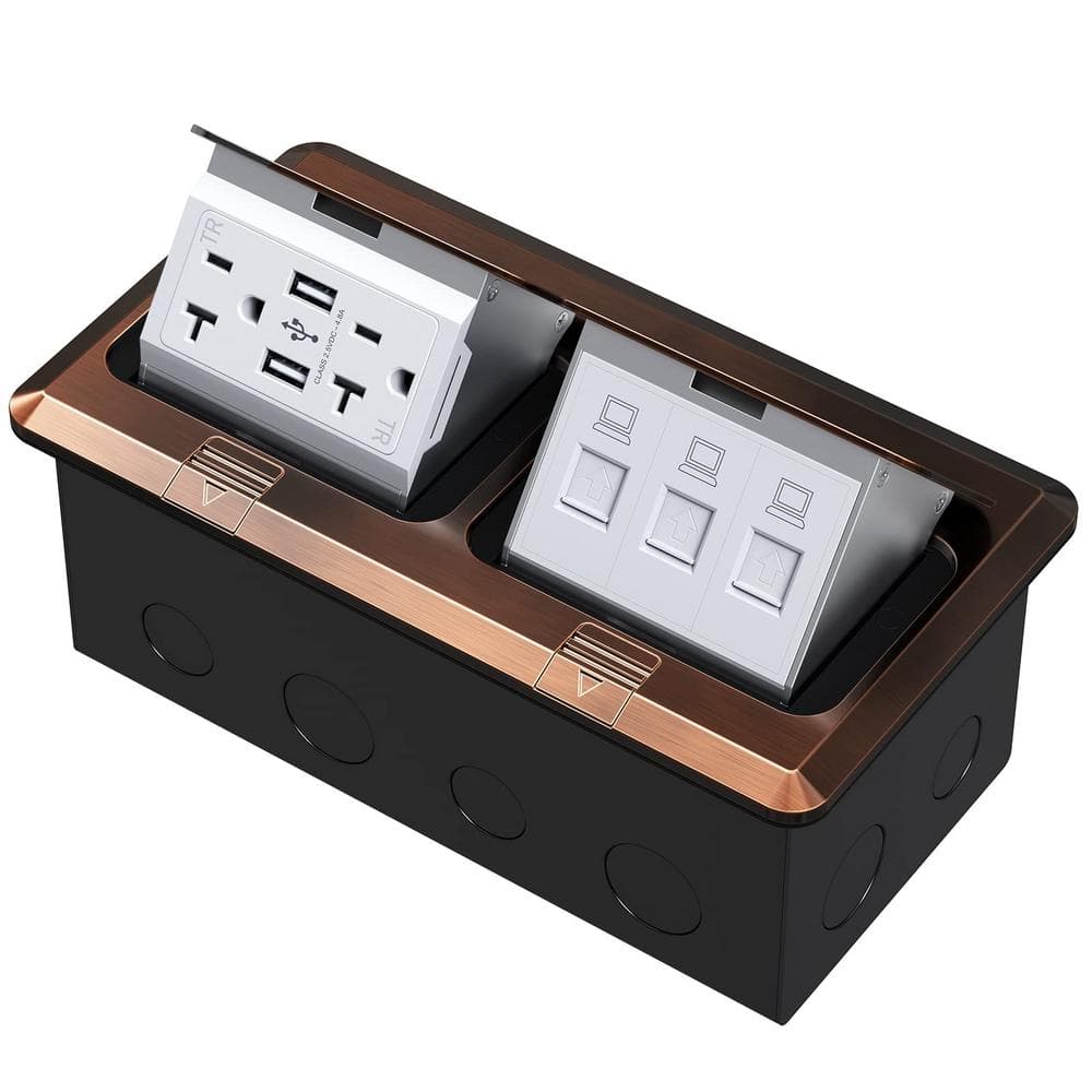 20 Amp 3-Port RJ45 Stainless Steel Dual Pop-Up Floor Electrical Outlet Box 