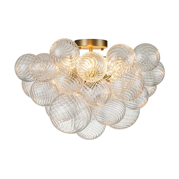 HUOKU Neuvy 19 in. W 3-Light Brass Cluster Semi-Flush Mount Chandelier with Grape Swirled Glass Shades for Dining/Living