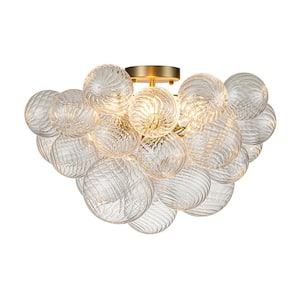 Neuvy 19 in. W 3-Light Brass Cluster Semi-Flush Mount Chandelier with Grape Swirled Glass Shades Foyer Close to Ceiling