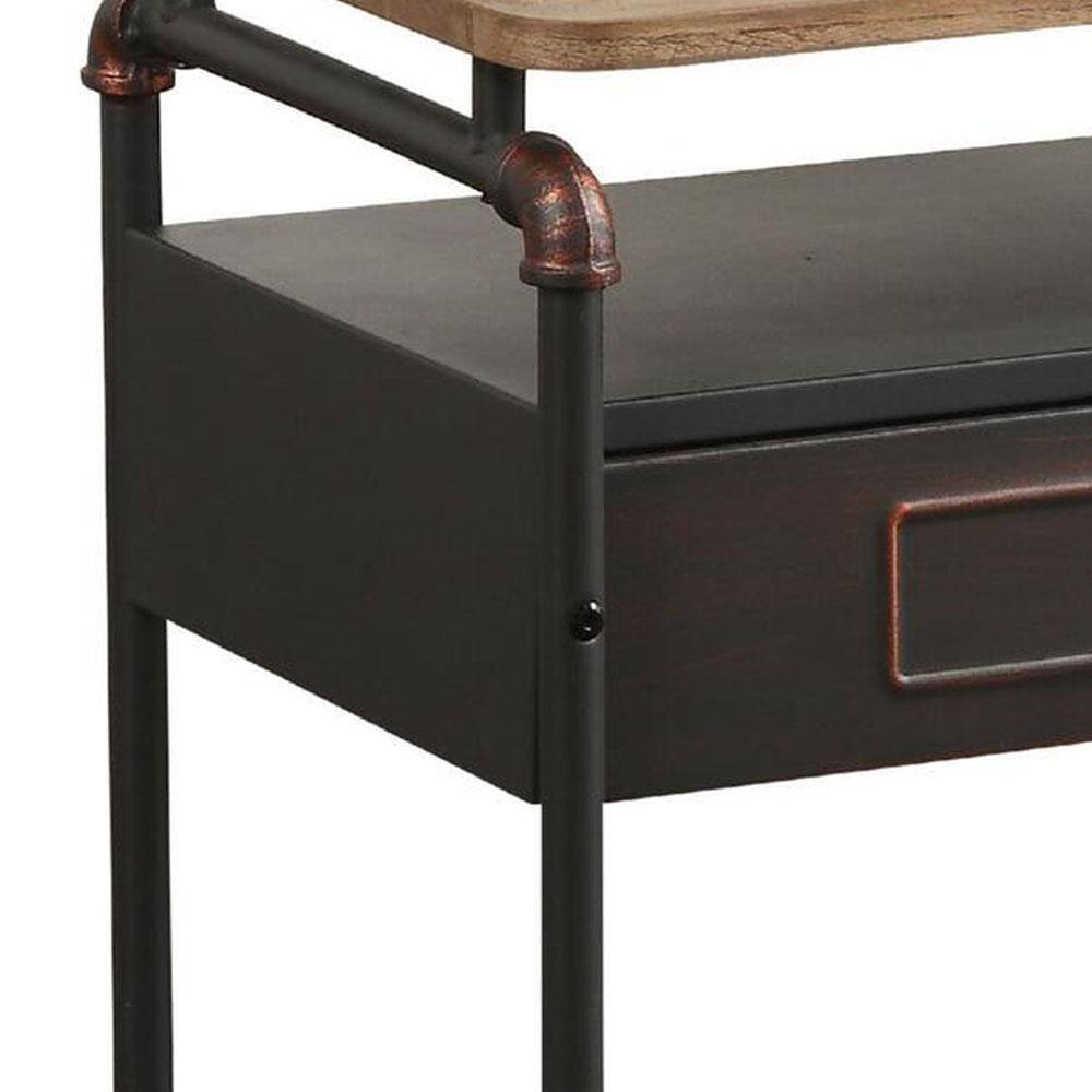 Industrial Oak and Gray Metal Nightstand with Drawer and Shelf