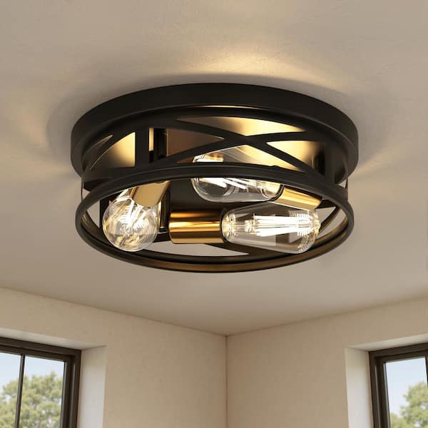 12.6 in. 3-Light Black and Gold Farmhouse Flush Mount Ceiling Light for Bedroom, Kitchen, Hallway