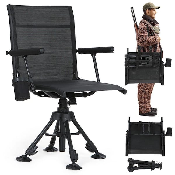 Silent 360-Degree Swivel Hunting Chair, Adjustable Height, Folding Spin Chair with Armrests, Cup Holder & No-Sink Feet