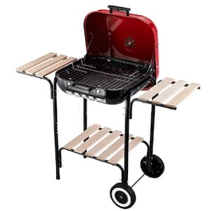 19 in. Steel Porcelain Portable Outdoor Charcoal Barbecue Grill in Red with Heat Control Vents and 2 Wooden Side Shelves