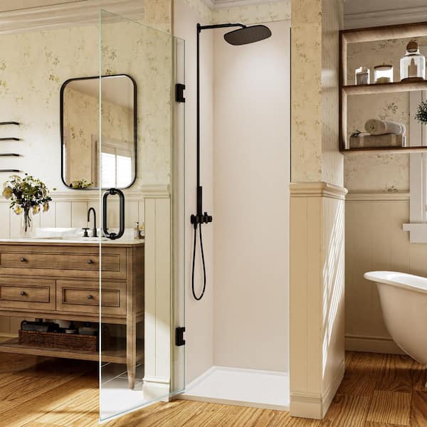24 in. W x 72 in. H Frameless Hinged Shower Door in Black with Handle and Clear Glass