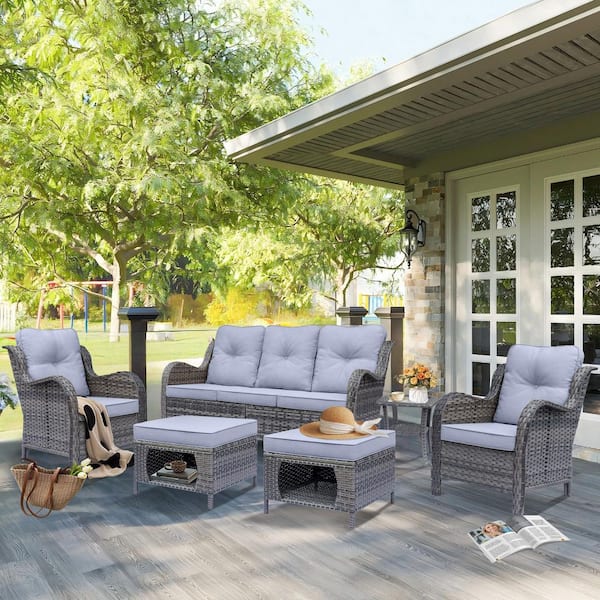 Gray 6-Piece Wicker Outdoor Furniture Patio Conversation Set Armrchairs Sofa and Ottomans with Gray Cushions