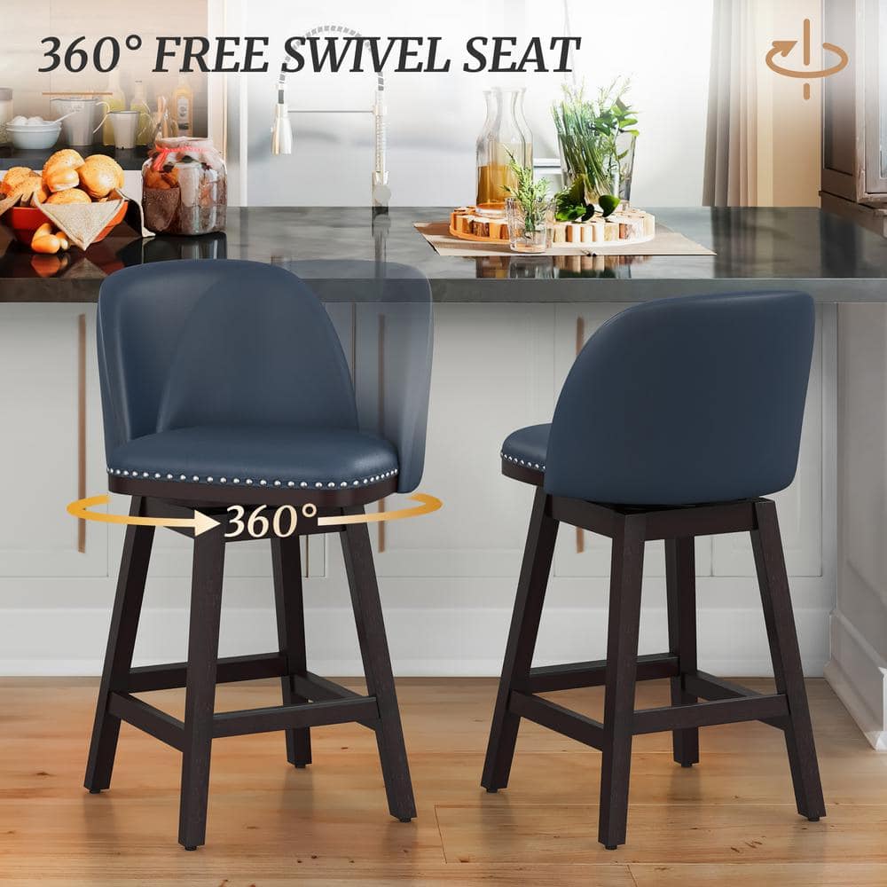 Navy Blue Wood Frame Swivel Counter Stools with Faux Leather, Set of 2