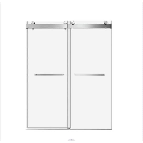 Ogonbrick 72 in. W x 76 in. H Double Sliding Frameless Shower Door in Brushed Nickel Finish with Buffer
