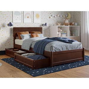 Wesley Walnut Brown Solid Wood Frame Twin Platform Bed with Panel Footboard and Storage Drawers