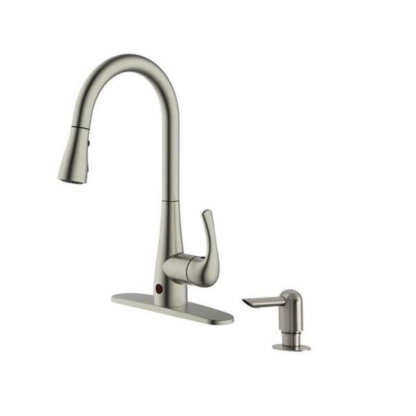 Single Handle Pull-Down Sprayer Kitchen Faucet with Motion Activation and Soap Dispenser in Stainless Steel Finish
