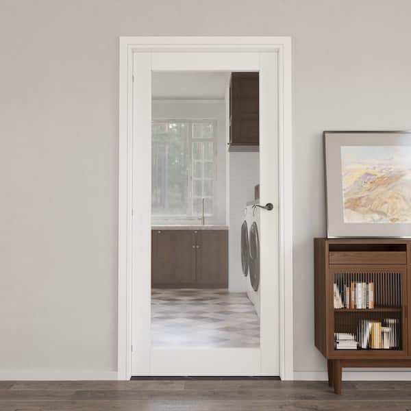 36 in. x 80 in. 1-Lite Clear Glass Left Handed White Solid Core MDF Prehung Door with Quick Assemble Jamb Kit