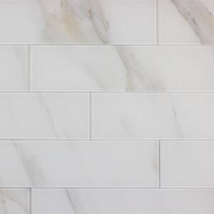 Tuscan Designs Large Format Subway 4 in. x 16 in. Glossy Calacatta White Glass Backsplash Wall Tile (16 Sq. Ft./Case)