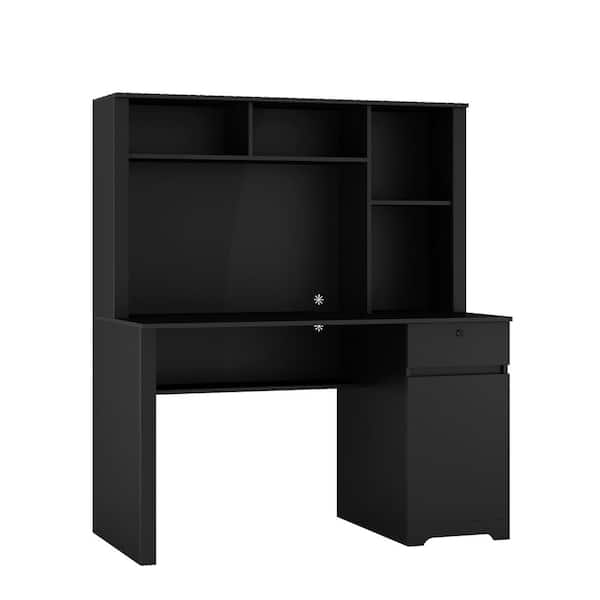 51.2 in. Rectangular Black MDF Computer Desk with Bookshelf Writing Desk with Drawers, AC Outlets and USB Charging Ports
