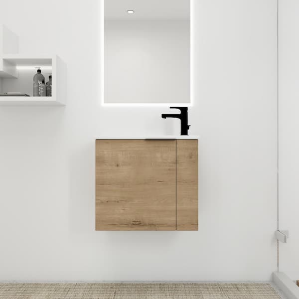 22 in. W x 13 in. D x 19.7 in. H Small Floating Bath Vanity in Oak with White Ceramic Top, Single Sink, Soft Close Door