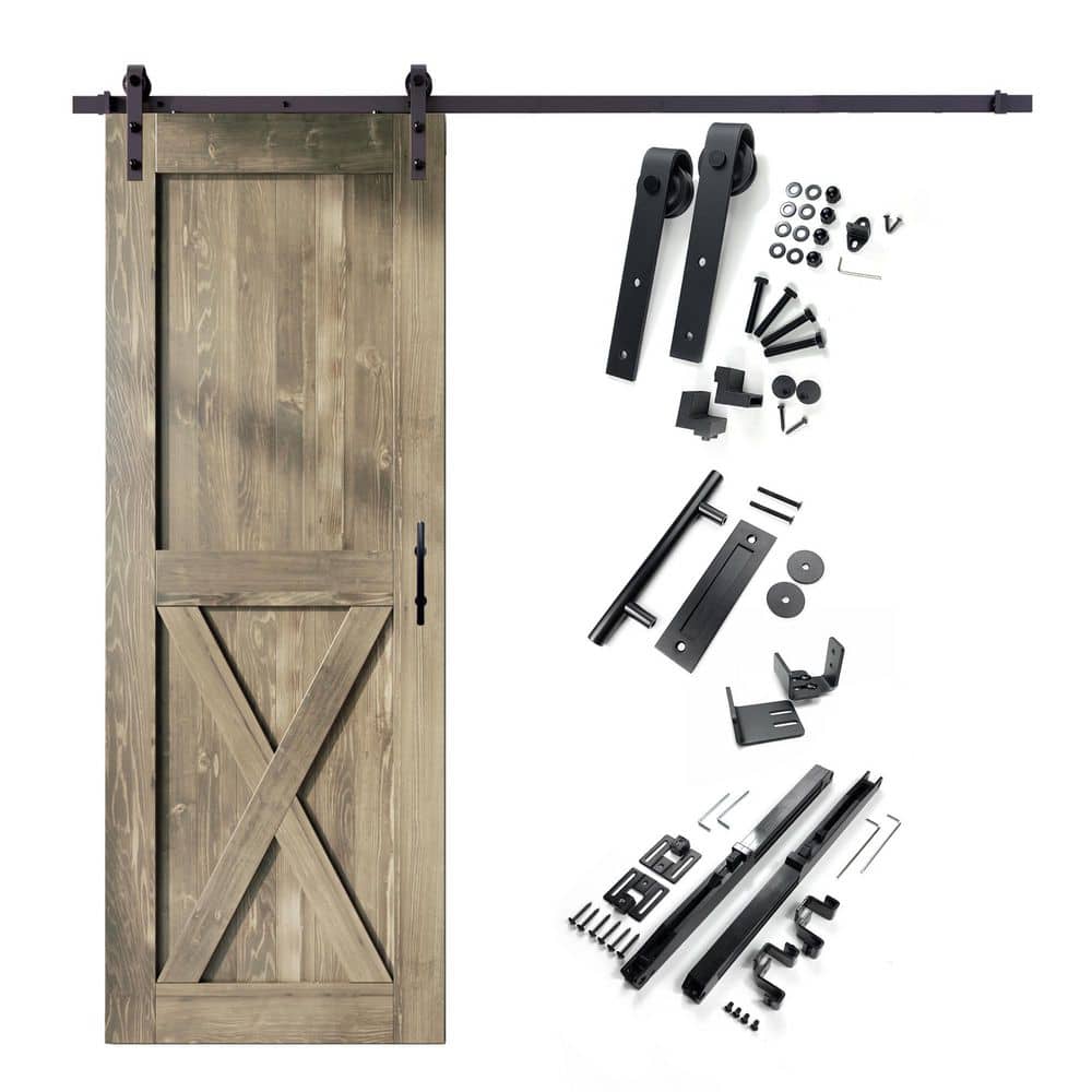 34 in. x 84 in. X-Frame Classic Gray Solid Pine Wood Interior Sliding Barn Door with Hardware Kit, Non-Bypass price history on PriceWatchPro