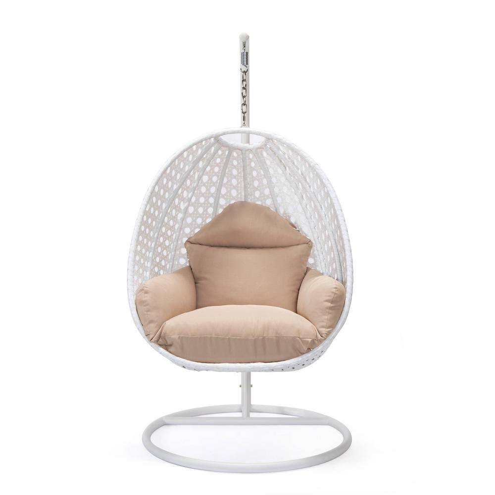 LeisureMod Wicker Hanging Egg Swing Chair with Soft Beige Cushions
