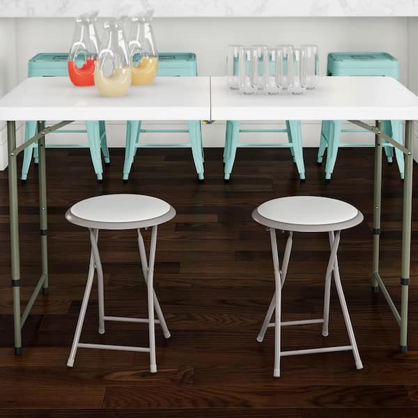 White Steel Padded Seats Folding Bar Stools Set of 2