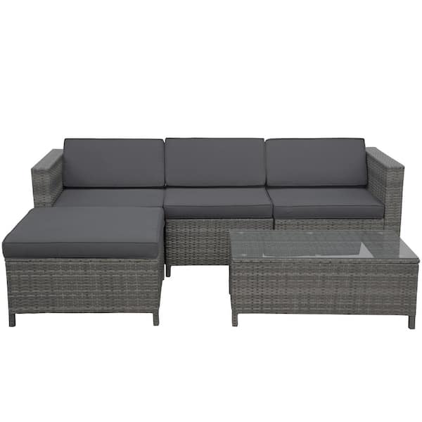 Unbranded 5-Pieces Wicker Patio Conversation Set, Couch Sectional Sleeper Sofa Set, with Dark Gray Cushions and Coffee Table