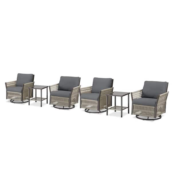 6-Piece Wicker Patio Conversation Set, 4-Swivel Chairs and Side Table with Gray Cushions, Handwoven Wicker