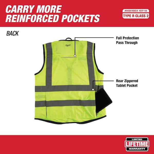 G & F Multiple Pockets Class 2 High Visibility Zipper Front Safety Vest,  x-Large ‎Yellow Ansi Ii 