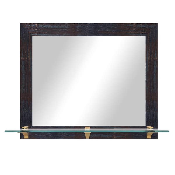 Unbranded Modern Rustic ( 25.5 in. W x 21.5 in. H ) Steel Brass Horizontal Mirror with Tempered Glass Shelf and Brass Brackets